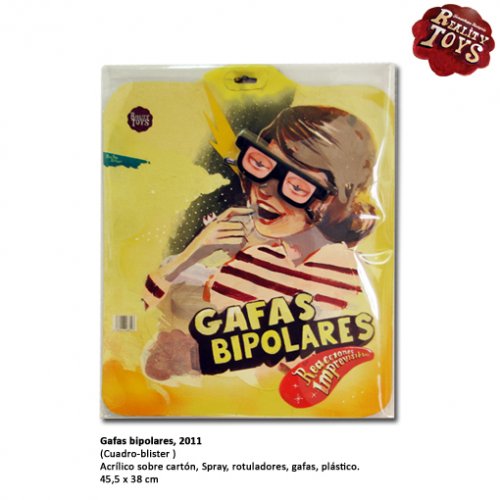Jonhatan Notario, Gafas Bipolares, 2011. (Cuadro-blister). Acrílico sobre cartón, Spray, rotuladores, gafas, plástico, 45,5 x 38 cm.